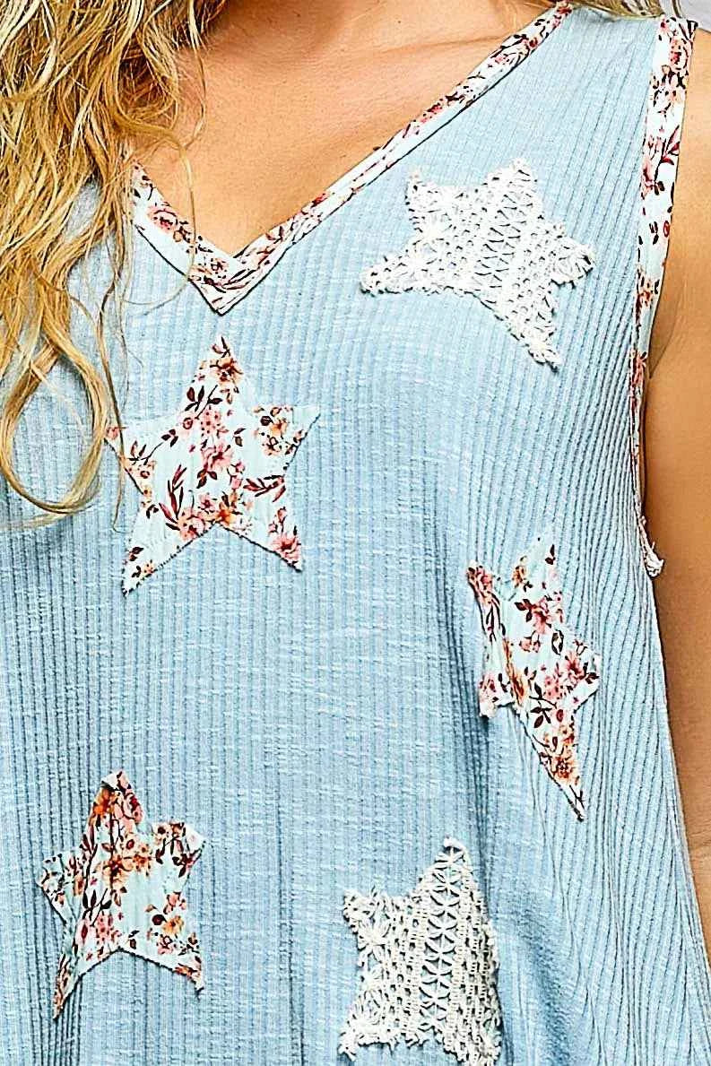 POL Washed Ribbed V-Neck Tank with Floral Print Star Patch 2596842d-0401-452d-856a-873fdc9cdbad-Max-Origin