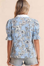 Floral Stripe Polo Collar Short Sleeve Blouse 25979ce8-5e0a-4060-b09f-45cbd6336f07