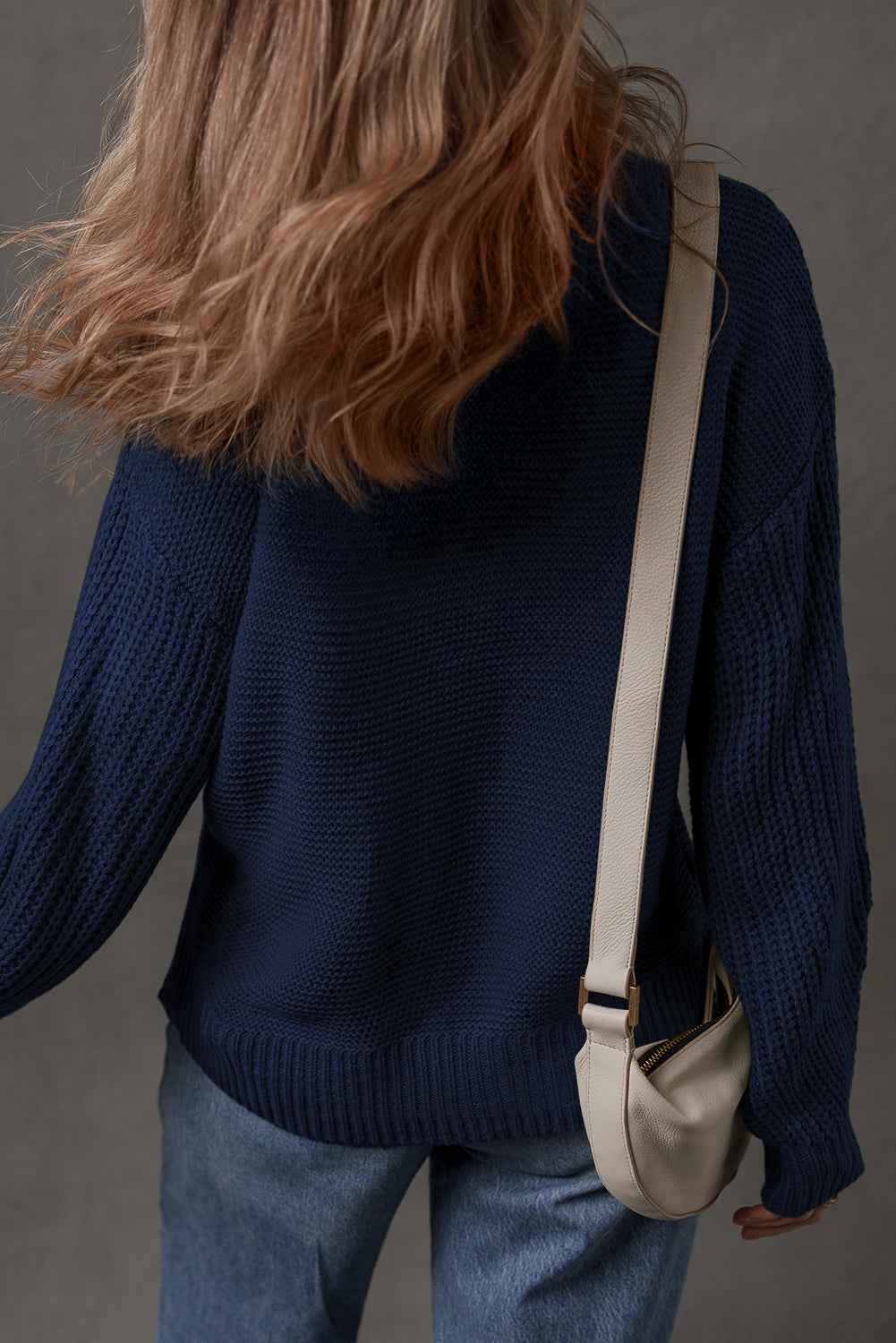 Dirty blue Solid Color Front Seam Drop Shoulder Loose Sweater 259876e27a8e90c9