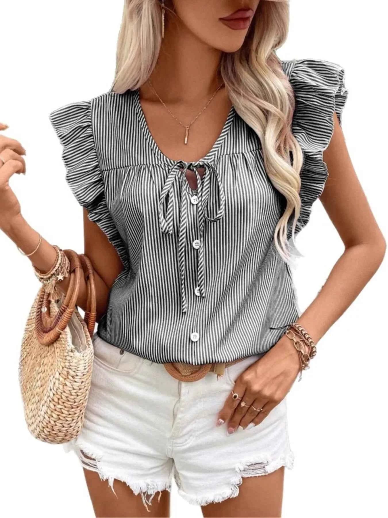 Striped Ruffle Sleeve Tie Front Blouse 259abdfe692743c1a7018efb5e2fe72d-Max-Origin