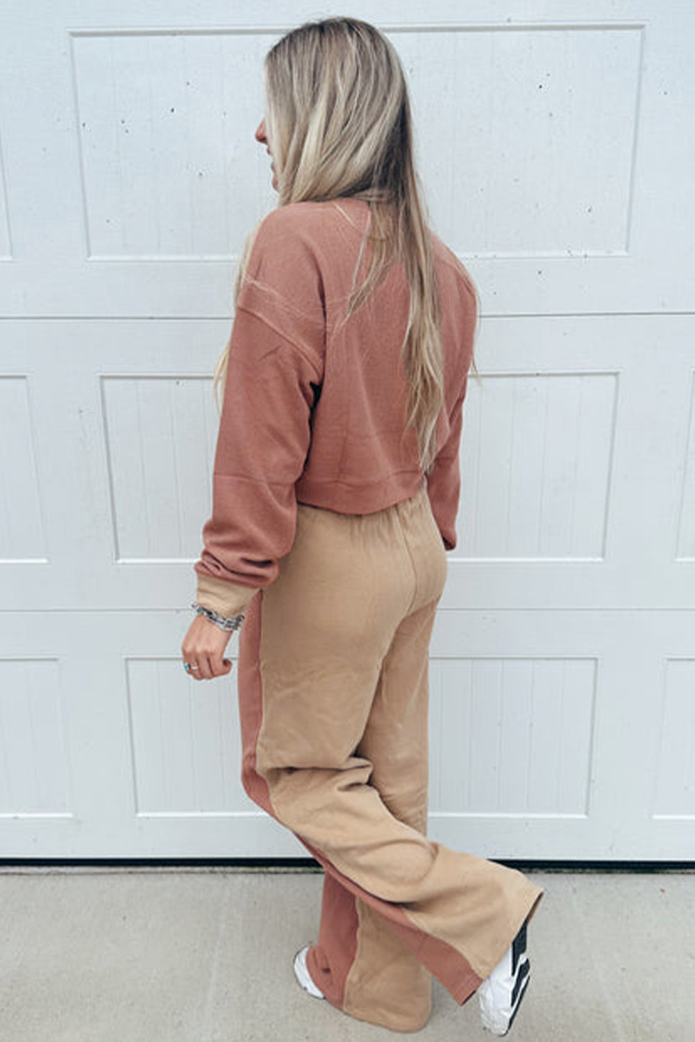 Khaki Color Block Long Sleeve Crop Top Drawstring Pant Set 25a041103cc75f93