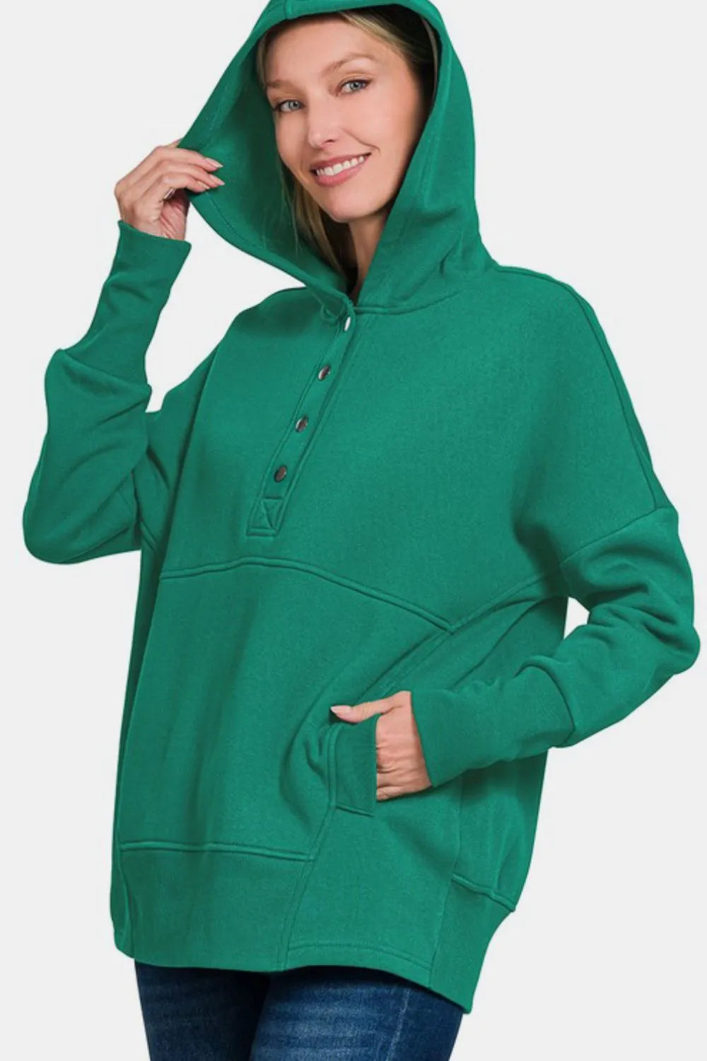 Zenana Half Snap Long Sleeve Hoodie with Kangaroo Pocket 25a1fa99-af15-4cf2-8afd-e7215994b9b4-Max