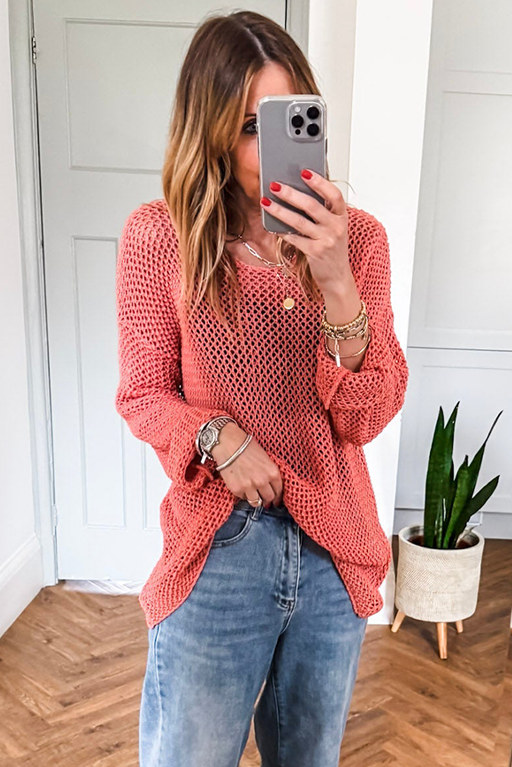 Coral Crochet Hollow-out Knit Sweater 25a398fa2dc0d3d6