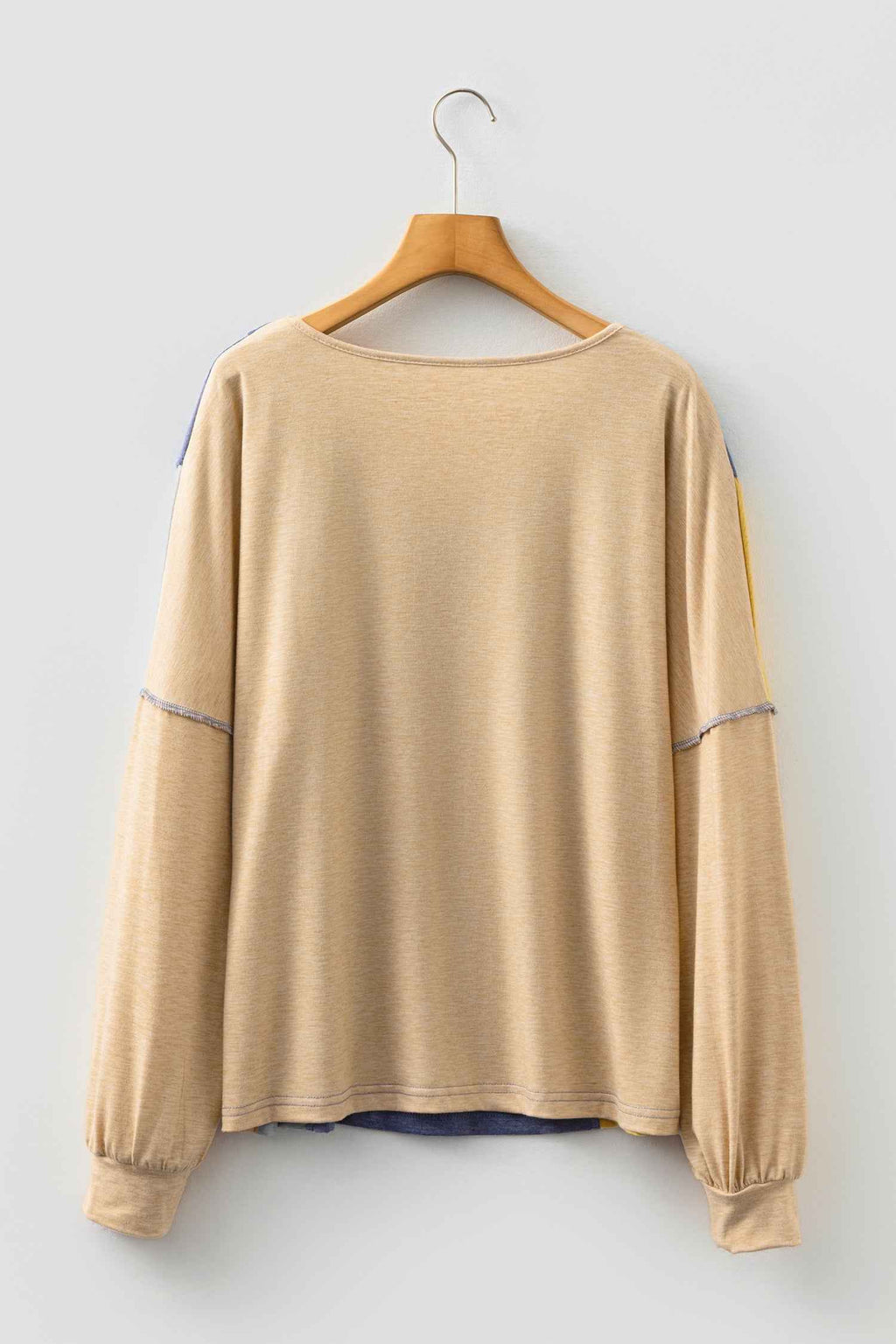 Sail Blue Exposed Stitching Colorblock V Neck Long Sleeve Top 25a3d5cc1c9696b5