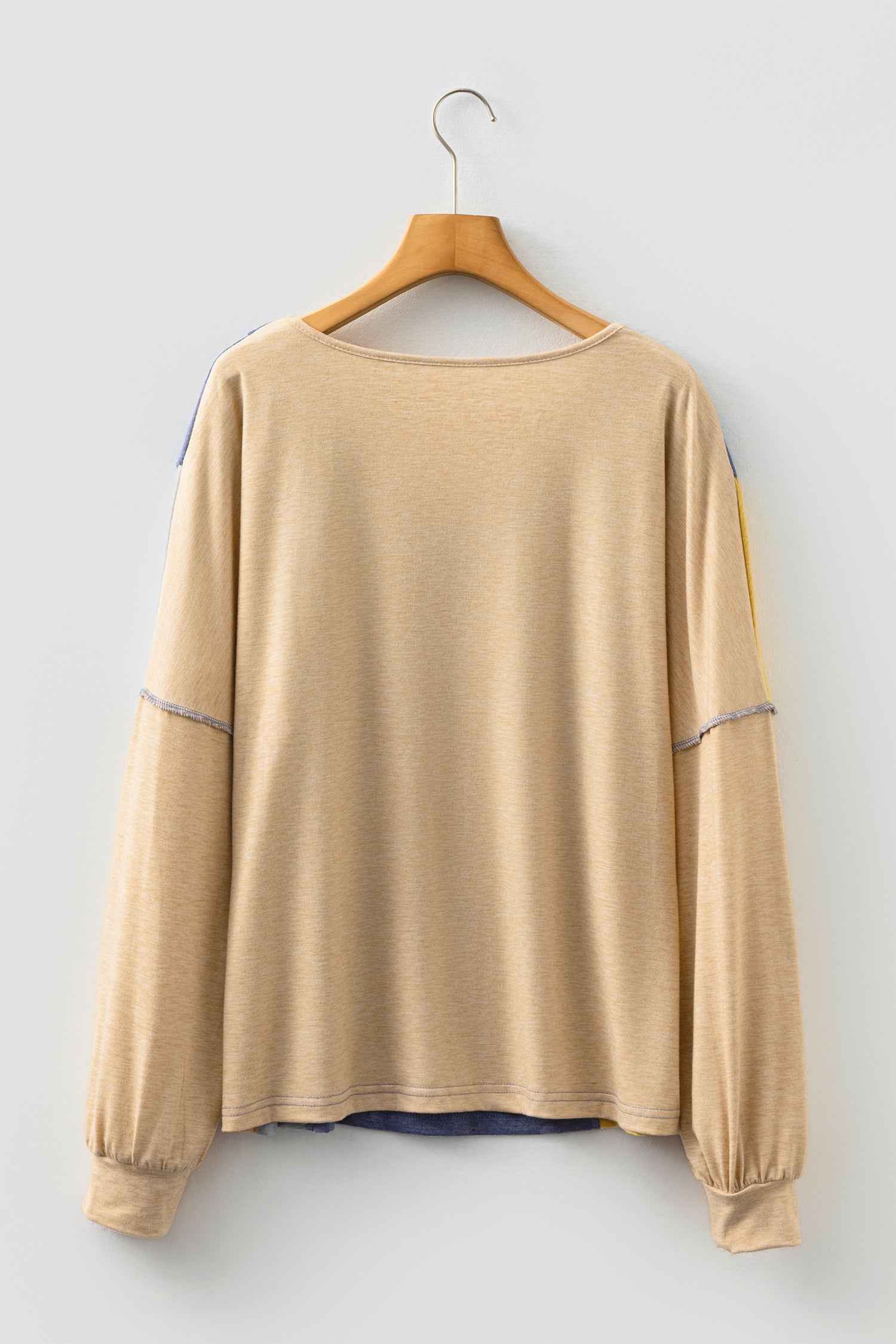 Sail Blue Exposed Stitching Colorblock V Neck Long Sleeve Top 25a3d5cc1c9696b5