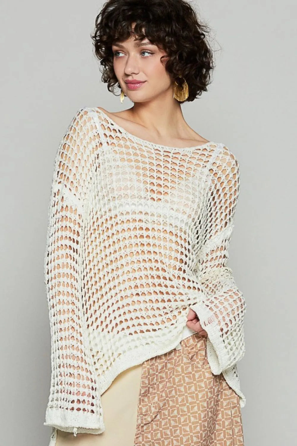 POL Side Slit Openwork Long Sleeve Knit Cover Up Cream 25b569e7-3a89-4a73-8c0f-ea10671ba169-Max