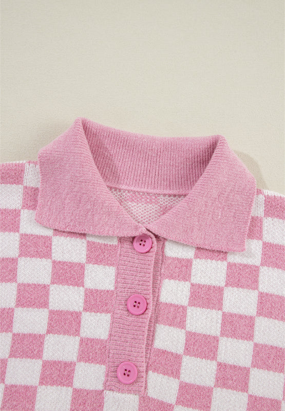 Checkered Collared Neck Long Sleeve Sweater