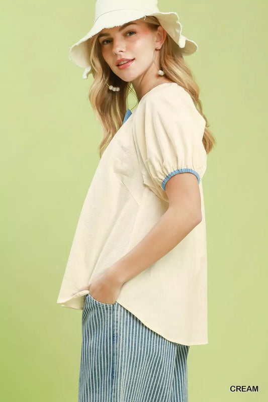 Contrast Trim Button Front Puff Sleeve Blouse 25bb0e0e-979c-4a24-8ef4-27778de452df-Max-Origin