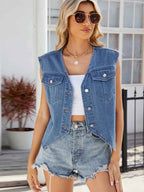 Pocketed Button Up Sleeveless Denim Jacket 25bb2740-d76d-44ab-8469-21bcc5b797db-Max