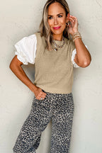 Light French Beige Round Neck Knit Contrast Short Sleeve Patchwork Sweater Top 25bd99d7f44ef41f