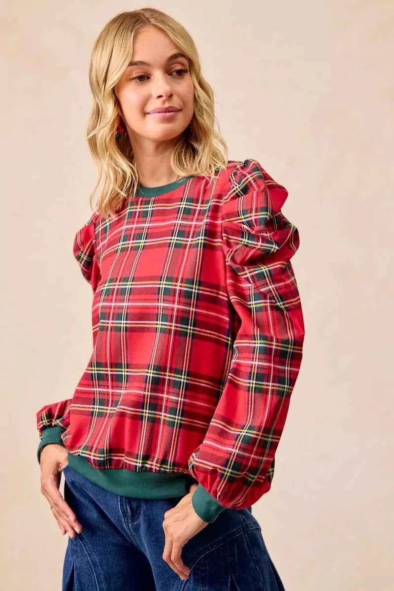 Christmas Plaid Exaggerated Shoulder Sleeves Top 25c70523611a4bd4983c7ccdb3ac079c-Max-Origin