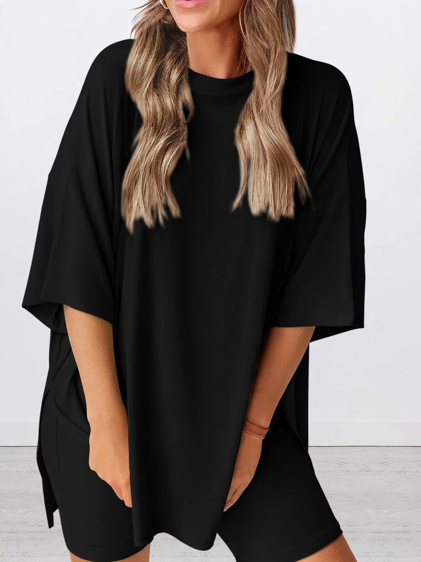 Full Size Oversized Slit Round Neck Top and Shorts Lounge Set Plus Size 25cea949d44943cb9f4fc11245b09bdc-Max-Origin