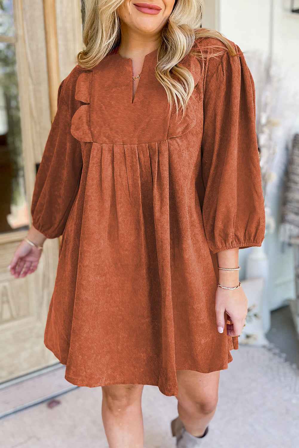 Moss Green Split Neck Scallop Detail Pleated Corduroy Mini Dress Cinnamon 100%Polyester 25d7223b3c3215f6