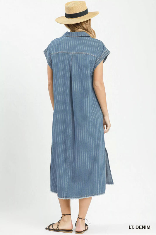Pinstripe Denim Collared Midi Dress with Side Slits 25ddbaf7-eb5f-479e-aed0-e702155ab9cb-Max-Origin