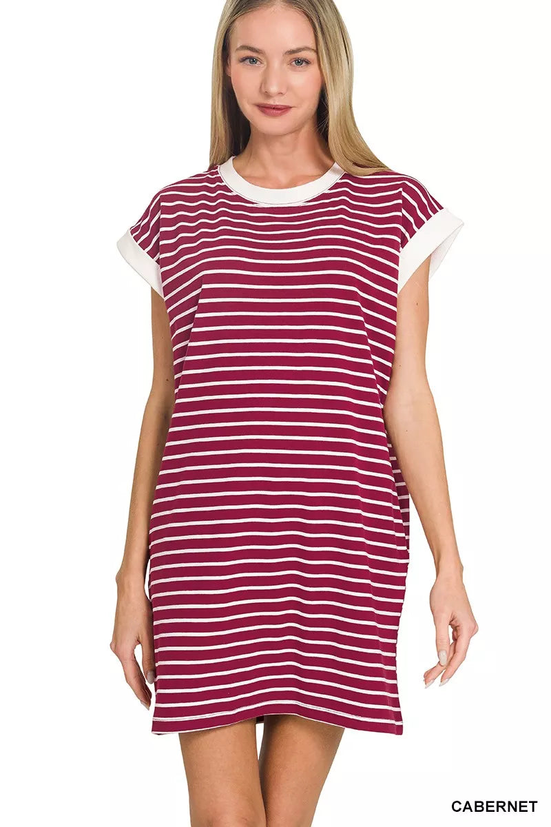 Zenana Contrast Trim Striped T-shirts Dress CABERNET 25e20fad1cd440208aeb43a023acbf82-Max-Origin