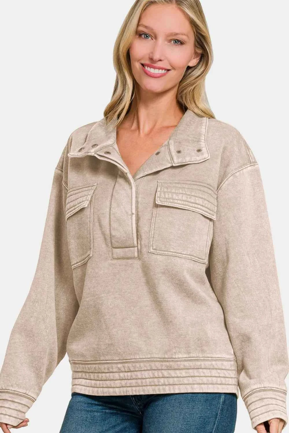 Zenana Acid Washed Half Snap Fleece Sweatshirt 25e96574-5834-4075-87e4-ee867d6bfc33-Max