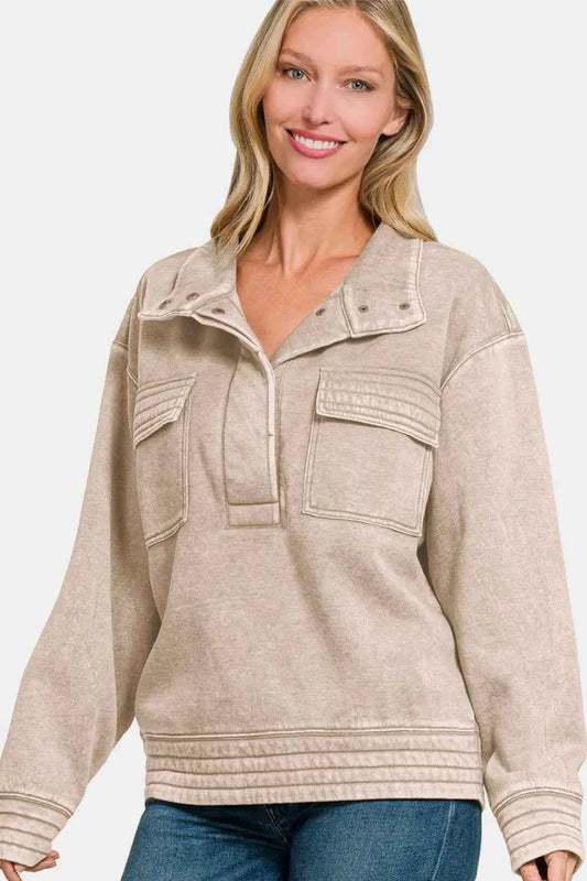 Acid Washed Half Snap Fleece Sweatshirt 25e96574-5834-4075-87e4-ee867d6bfc33-Max