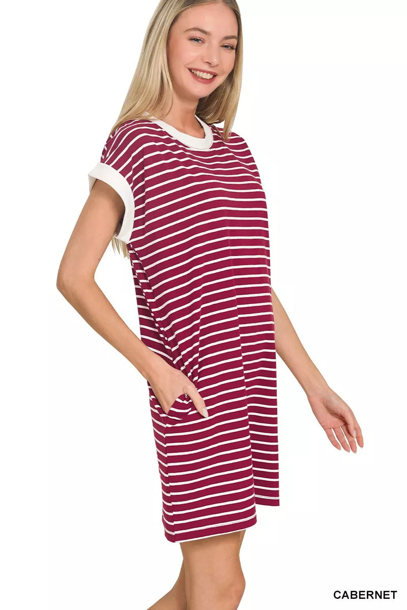 Zenana Contrast Trim Striped T-shirts Dress 25ea330f735b43ada744f625fed497bb-Max-Origin