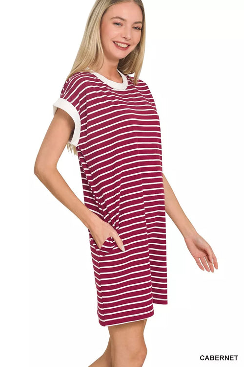 Zenana Contrast Trim Striped T-shirts Dress 25ea330f735b43ada744f625fed497bb-Max-Origin