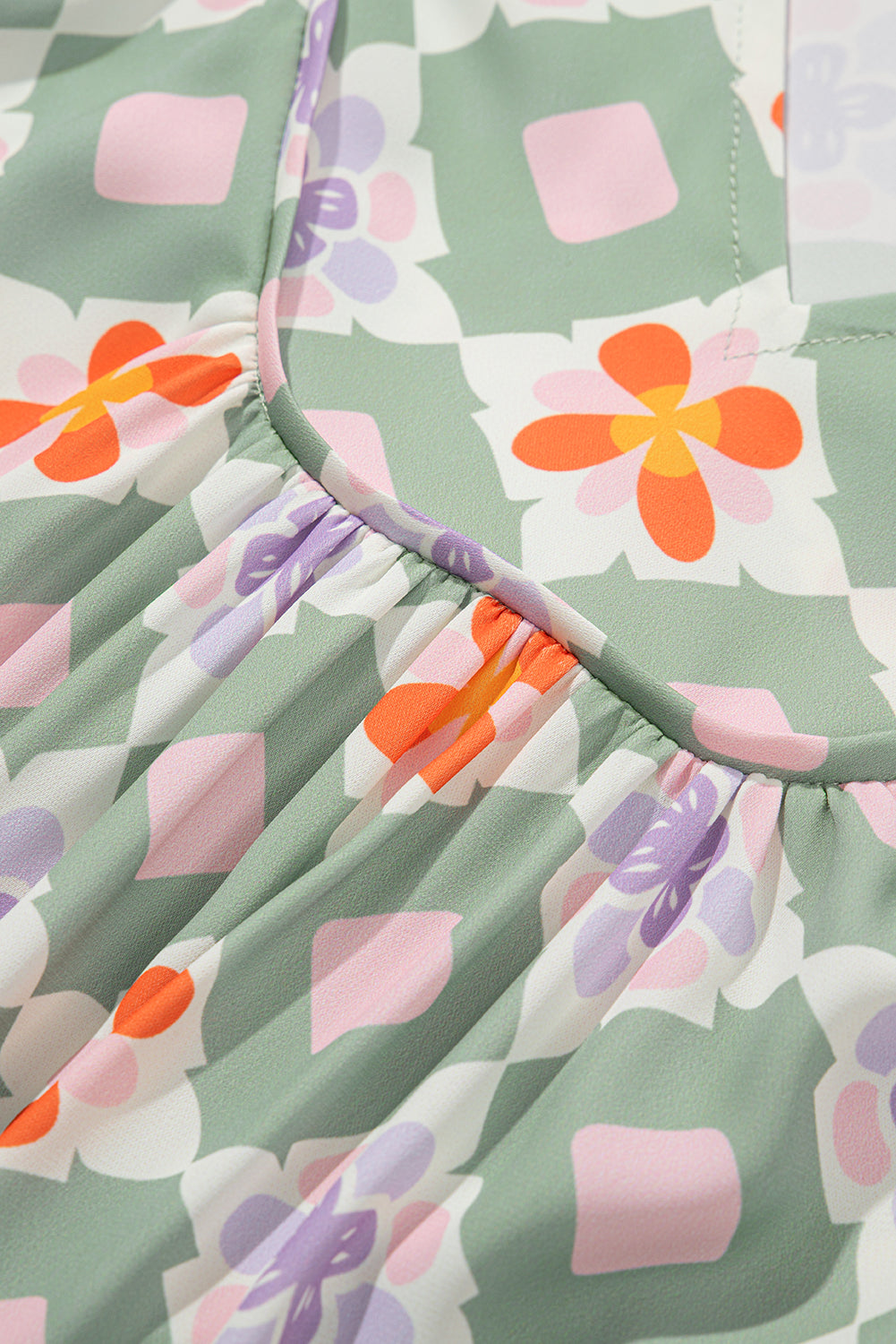 Green Geometric Floral Print 3/4 Sleeve Notched Neck Mini Dress 25ea41e1f9cb116b