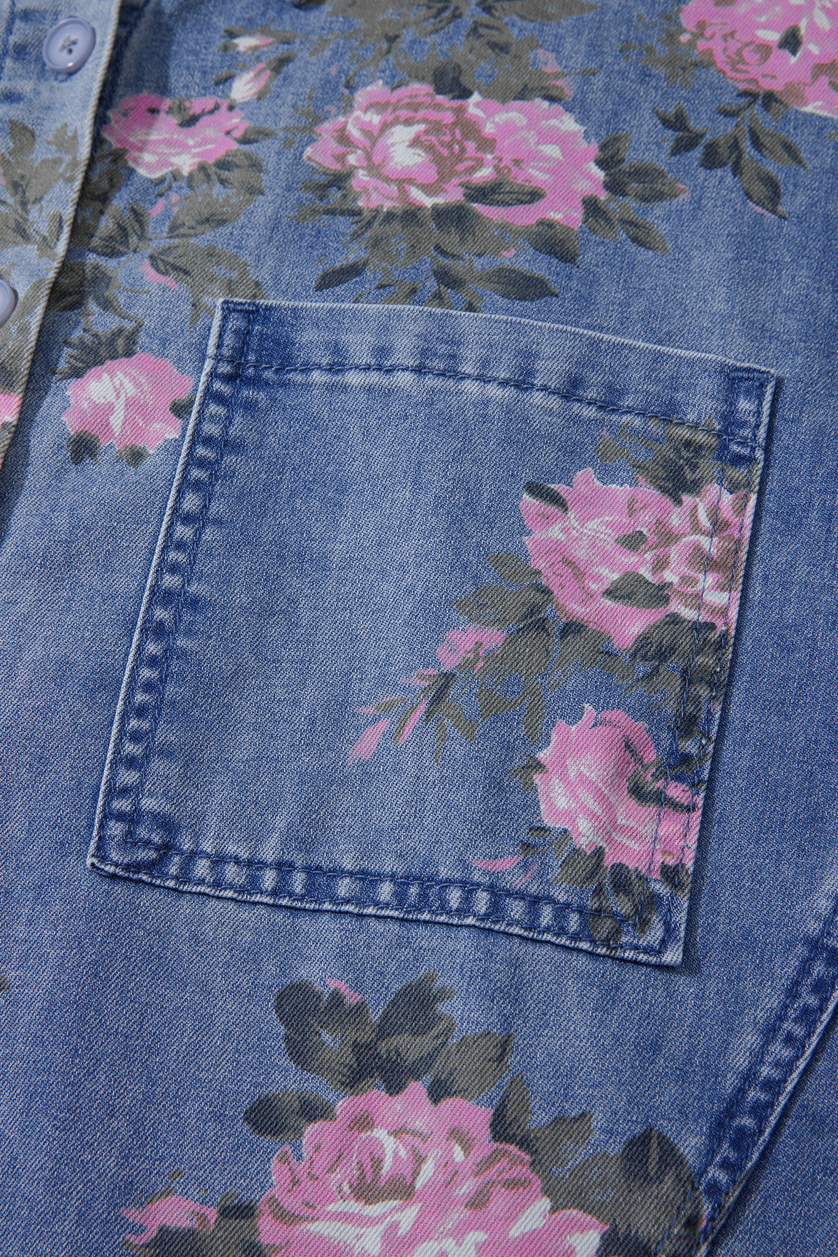 Blue Bracelet Sleeve Floral Denim Shirt 25ec3780bc36e3b3