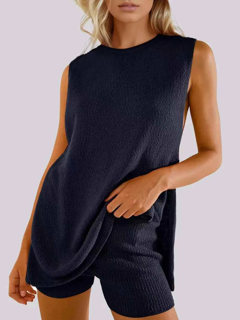 Side Slit Round Neck Tank and Ribbed Shorts Sweater Set Dark Navy 25eddcc5-3dd2-492b-90df-190f813f673a-Max