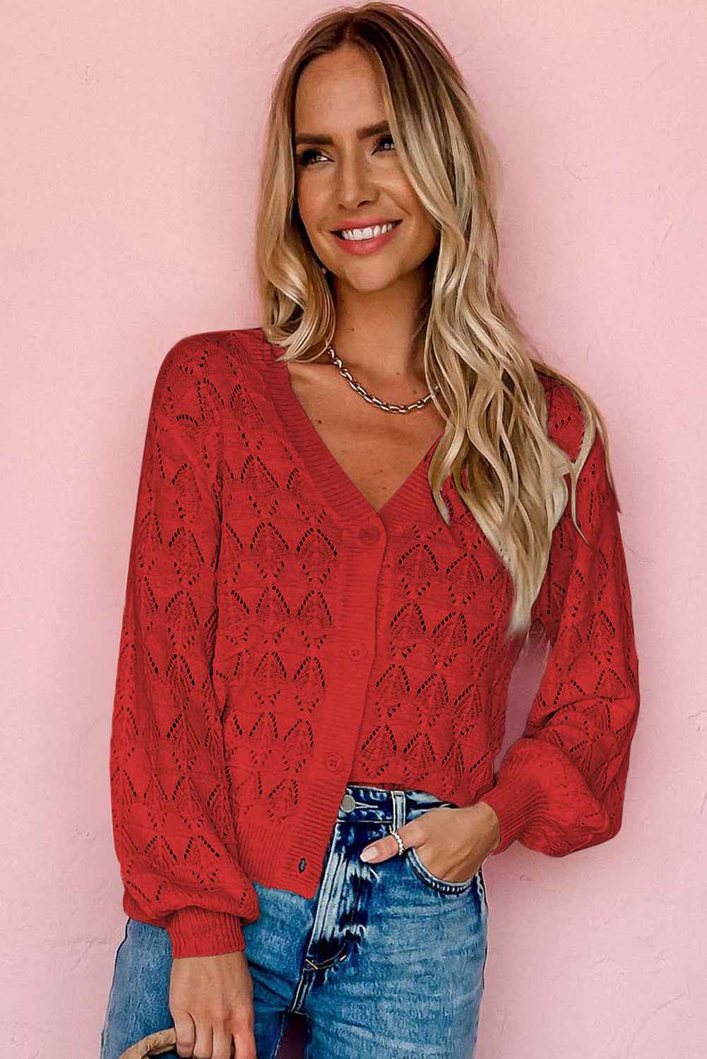 Fiery Red Lightweight Buttoned Front Crochet Cardigan 25ef795747a7f406
