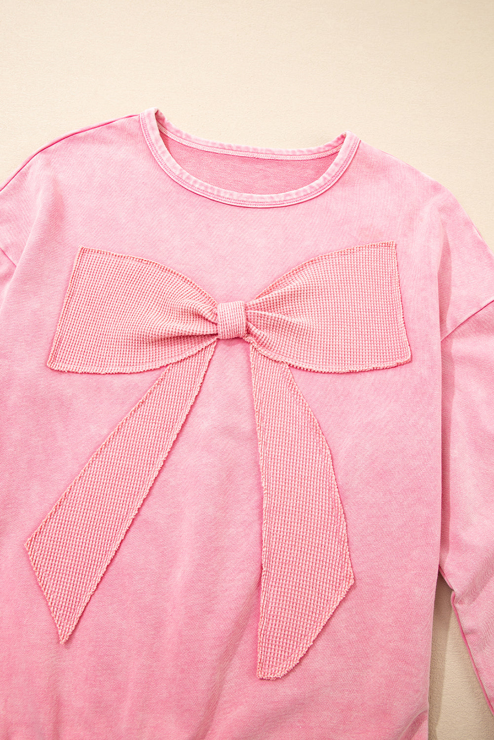 Bright Pink Mineral Wash Waffle Bow Patched Pullover Sweatshirt 25f3955a5e98b677