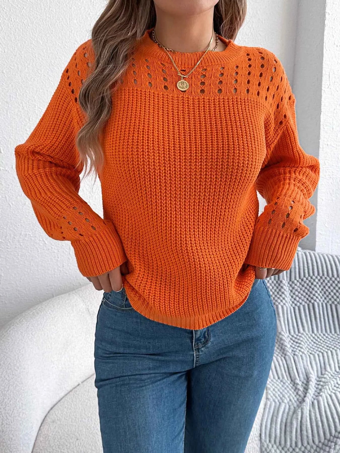 Openwork Round Neck Long Sleeve Sweater 25f70f7f350149bf83715815ea5d7a61-Max-Origin