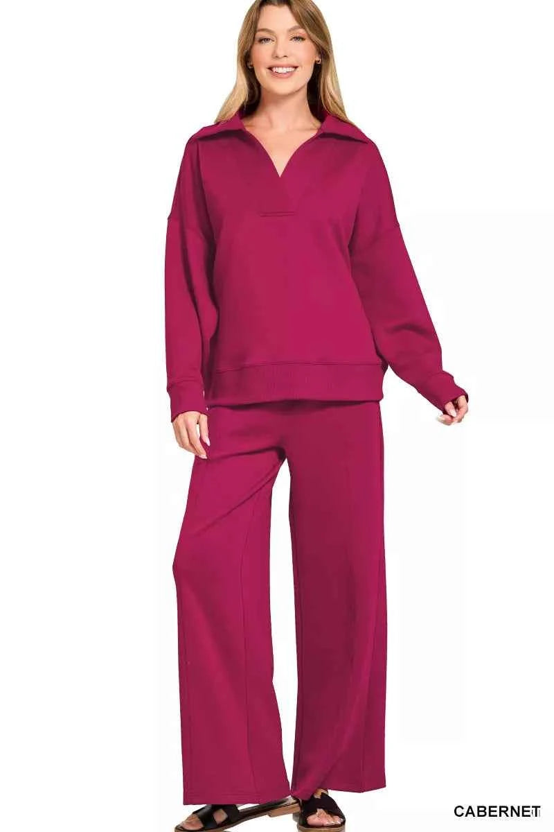 Zenana Scuba Collared Pullover and Pants Set CABERNET 25fb2416a41746adbe46f431c23d598e-Max-Origin