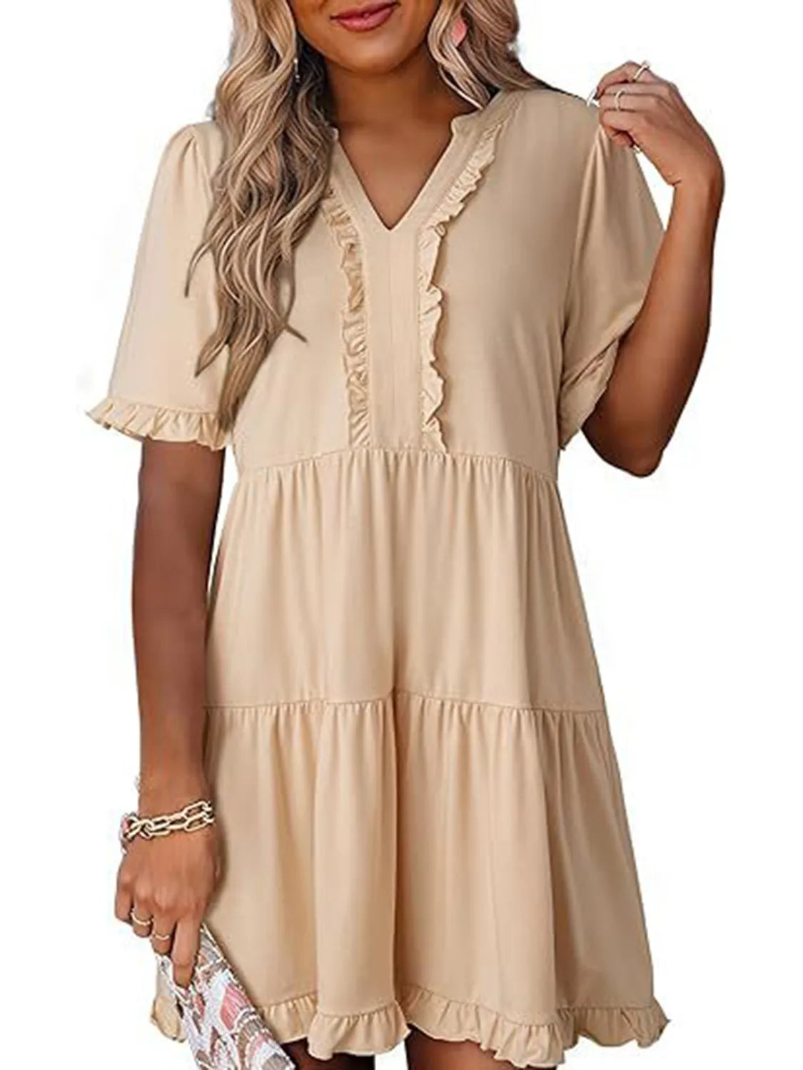 Tiered Notched Short Sleeve Mini Dress 25fbb6f5-f310-4d30-8f68-ef27af016228-Max-Origin