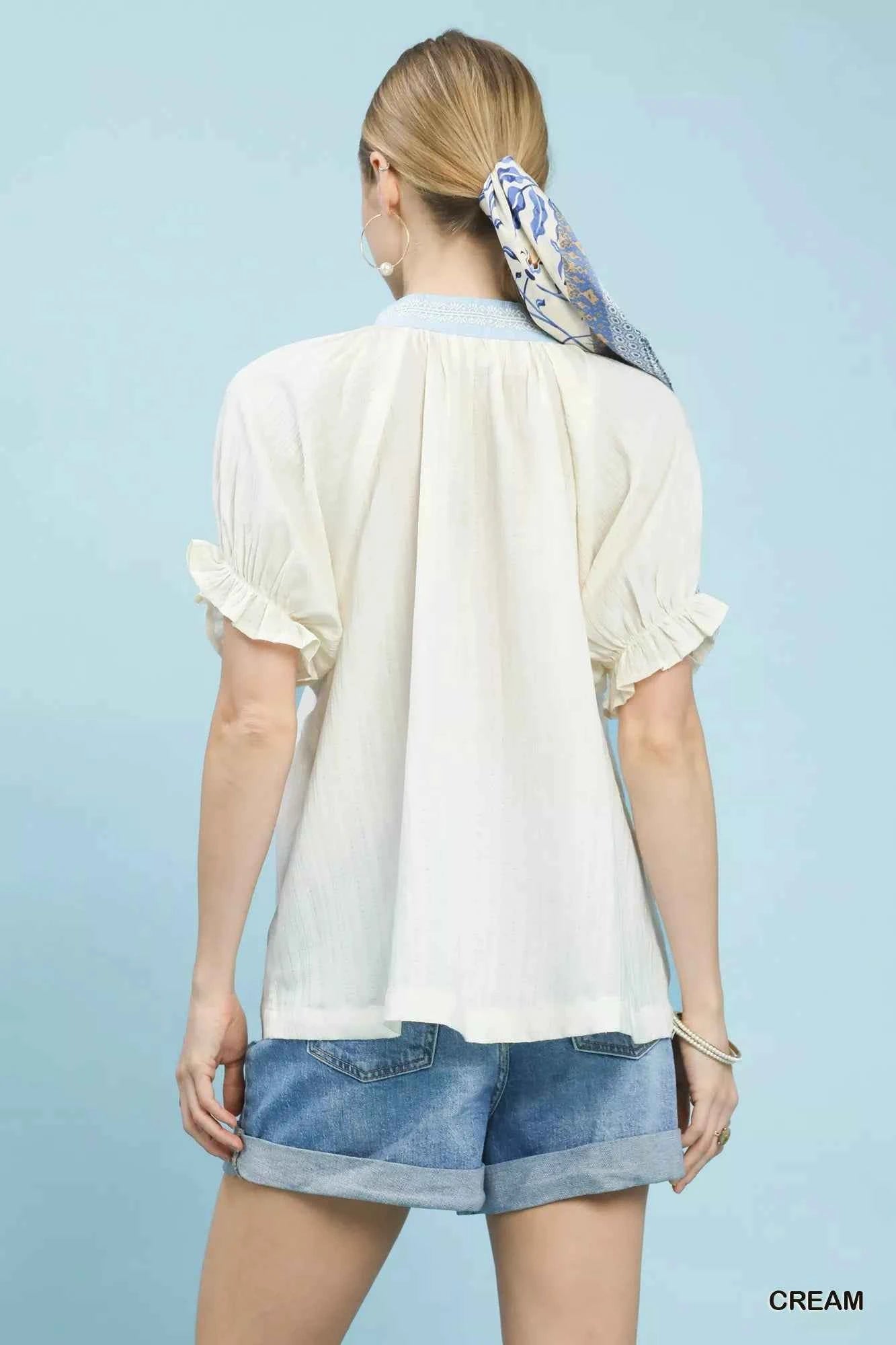Textured V-Neck Top with Lace Trim Details 25fe1fd5-11d5-4568-9ad4-b4c2e2afcbb2-Max-Origin