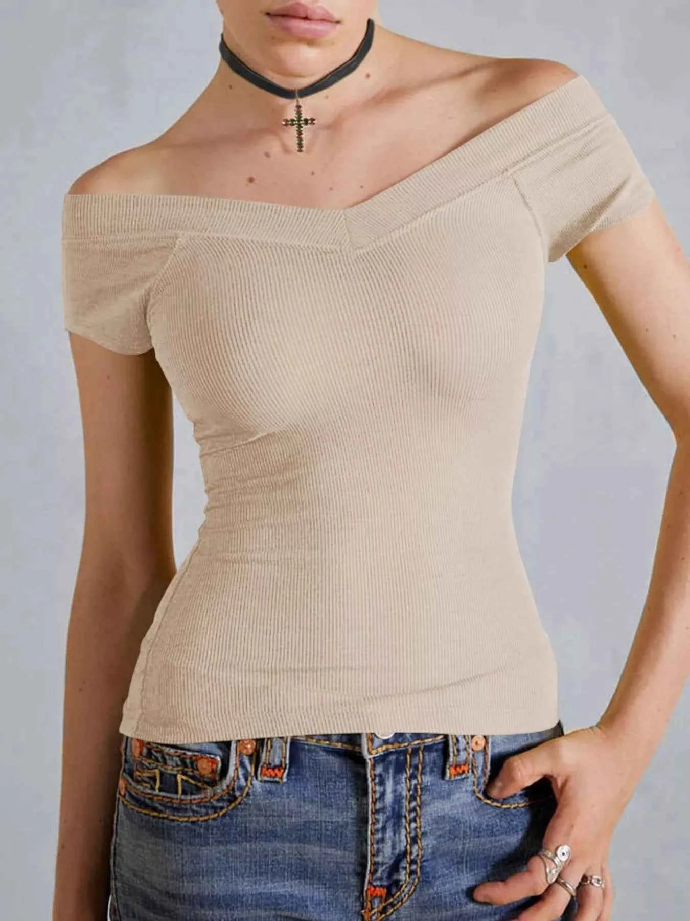 Ribbed V-Neck Cap Sleeve Fitted T-Shirt Dust Storm 25feb1b4-eec7-4982-8636-be504e49a88e-Max-Origin