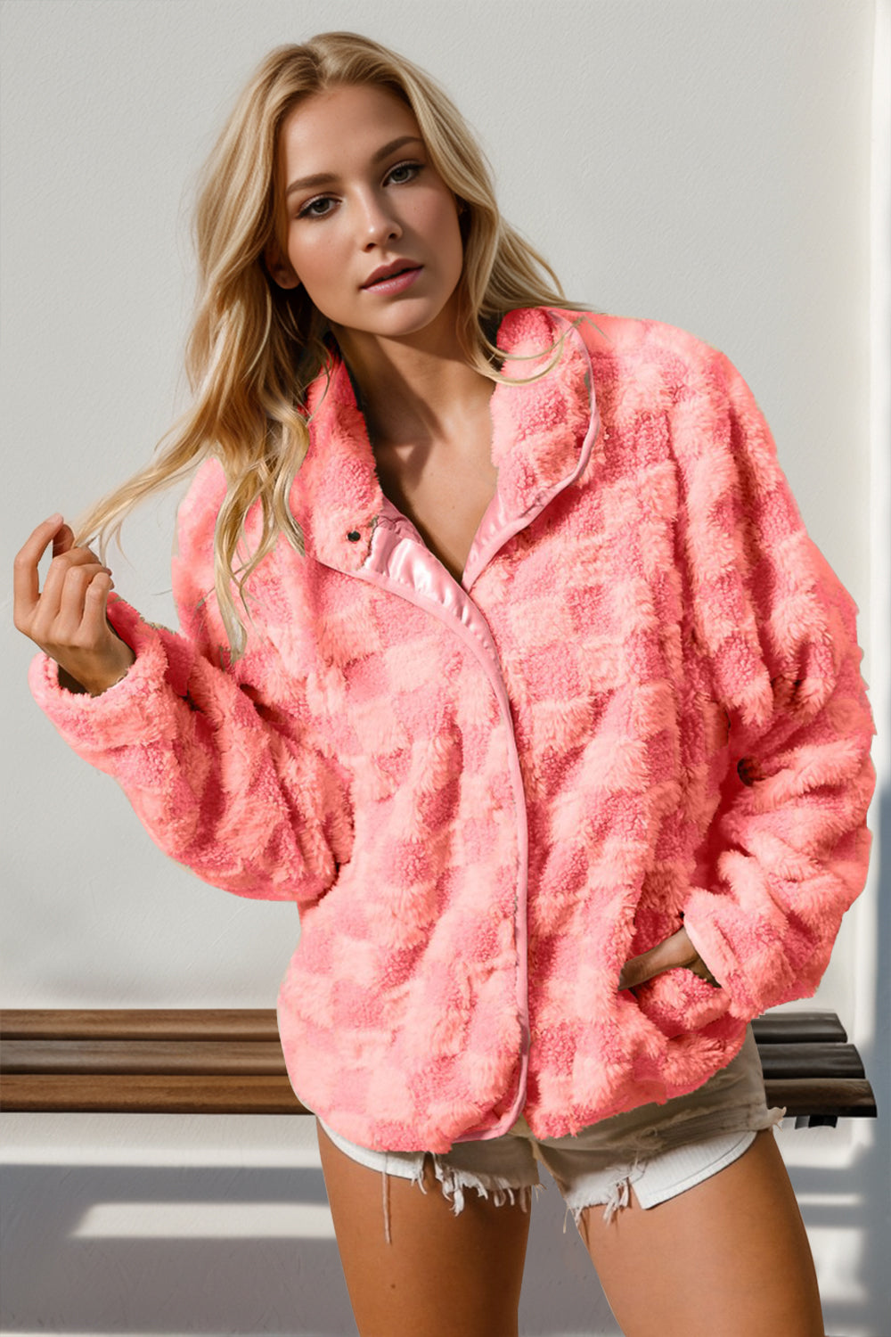 Double Take Checkered Long Sleeve Fuzzy Jacket