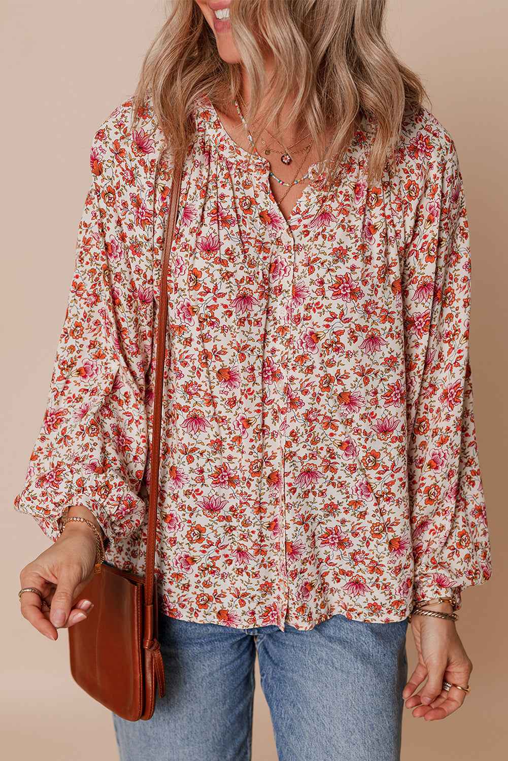 Red Floral Print Pleated Detail Notched Neck Puff Sleeve Blouse 260bceb9785c0451