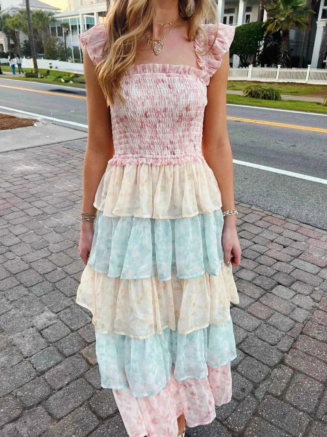 Smocked Ruffle Layered Floral Midi Dress Multicolor 260dc806-ed4a-419f-99d9-2d8b57acab09-Max-Origin
