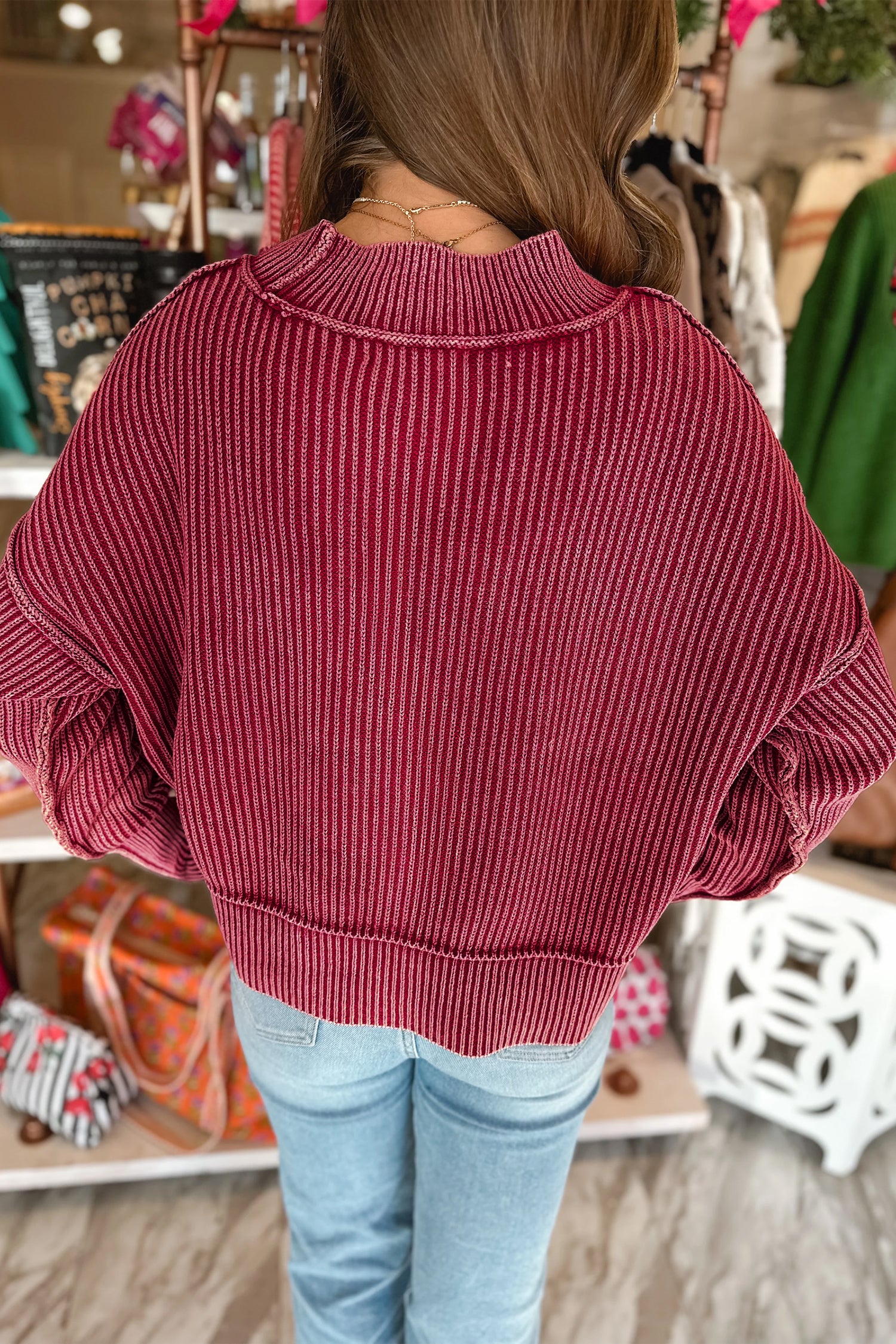 Red Dahlia Drop Shoulder High Neck Ribbed Sweater 260f0af4daa837e4