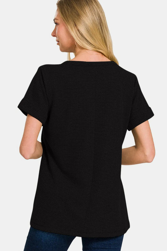 Zenana Notched Short Sleeve Waffle T-Shirt 26101be4-6cfd-4e28-8696-f0934d14a7b7-Max