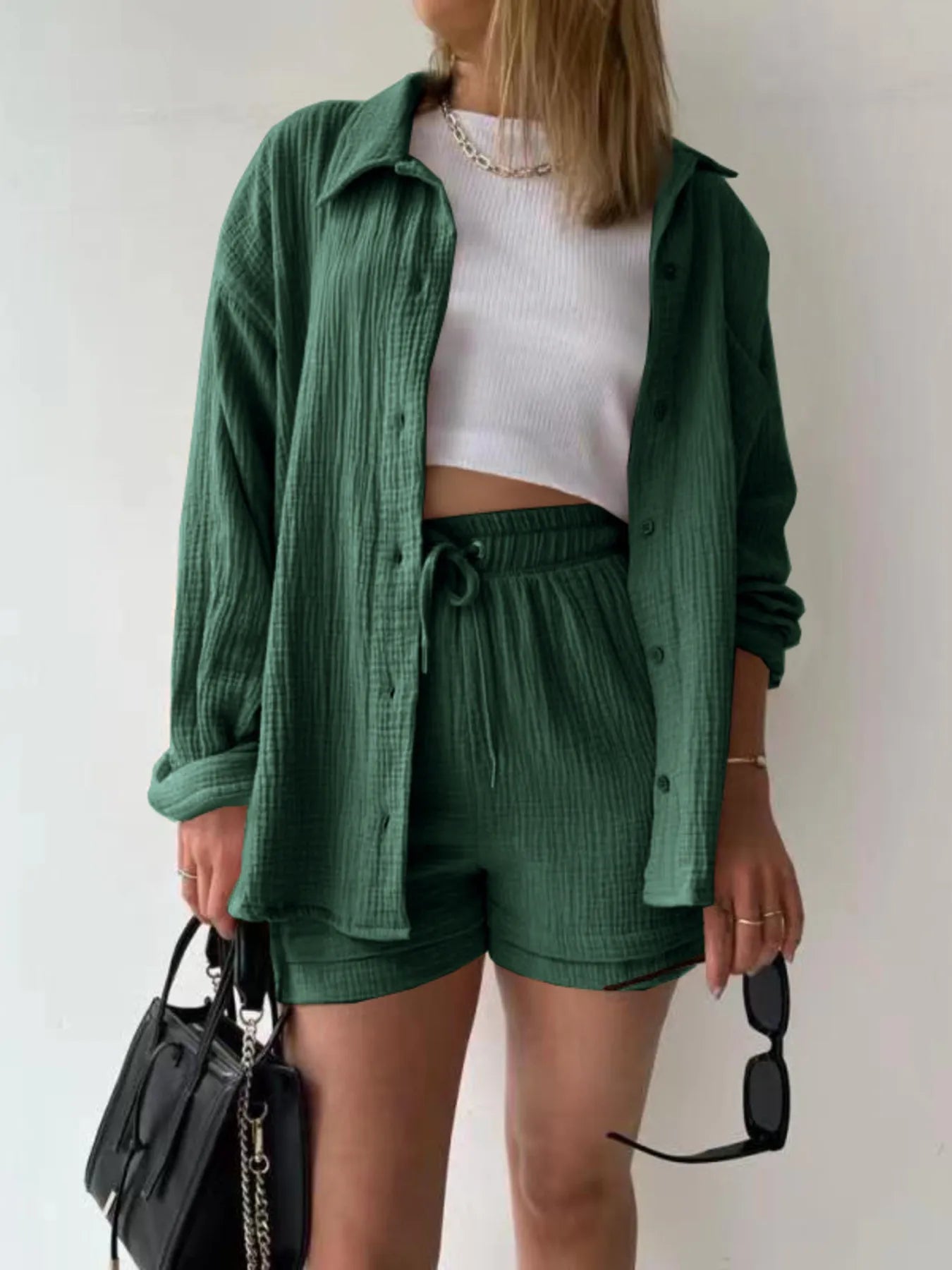 Button Up Shirt and Shorts Set Dark Green 2611d067908146fa845647745f4b1b2d-Max-Origin