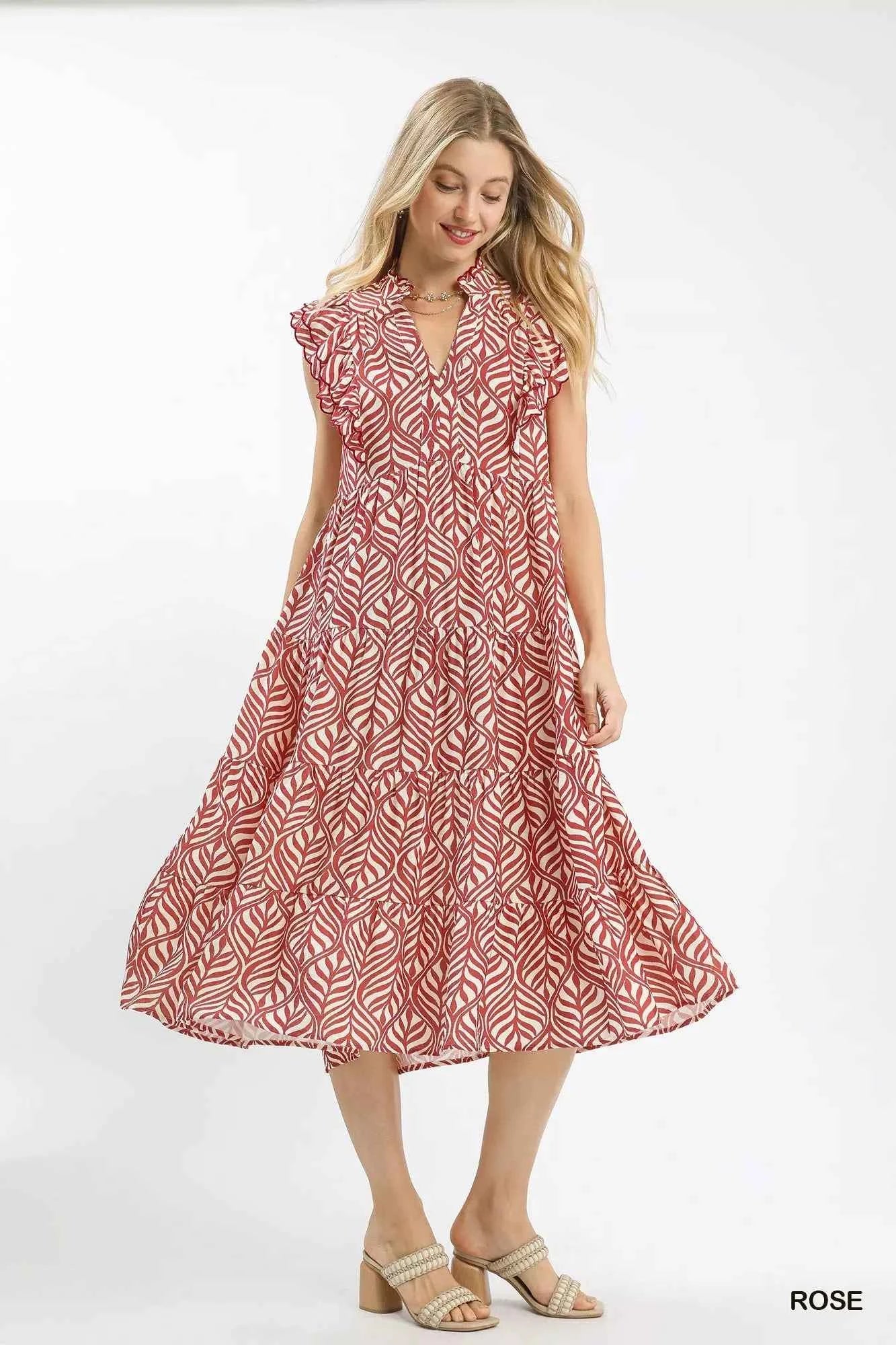 Umgee Leaf Print Tiered Midi Dress with Ruffle Detail 2618fd5e-64d4-4dc1-a05b-97aaaa50a5ef-Max-Origin