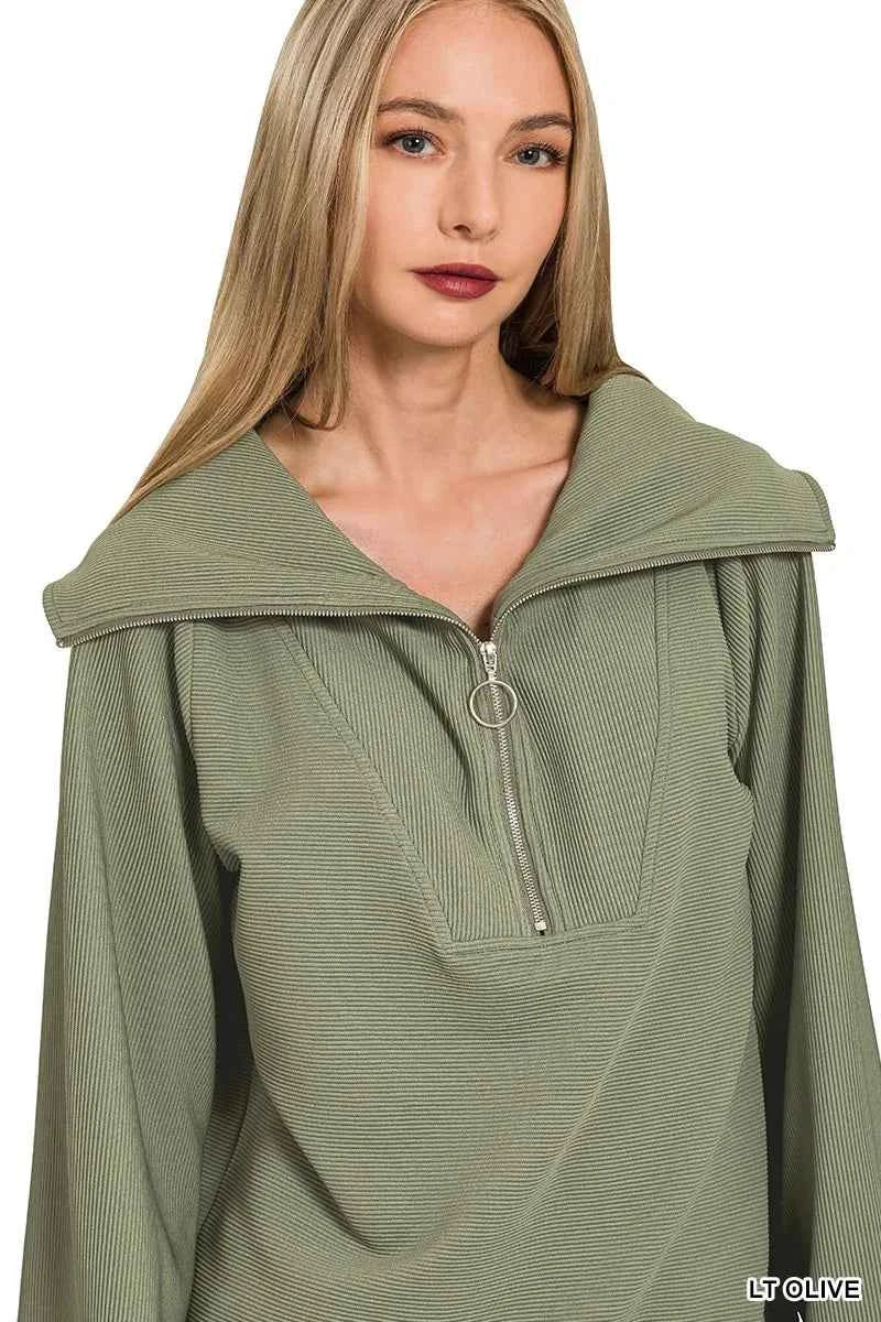 Zenana Ribbed High Neck Half Zip Pullover & Pants Set 2619027d215f402ab3dd9366ae237cb5-Max-Origin