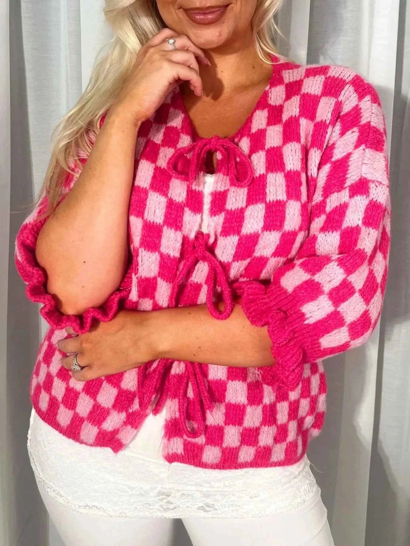 Checkered Tie-Front Knit Cardigan