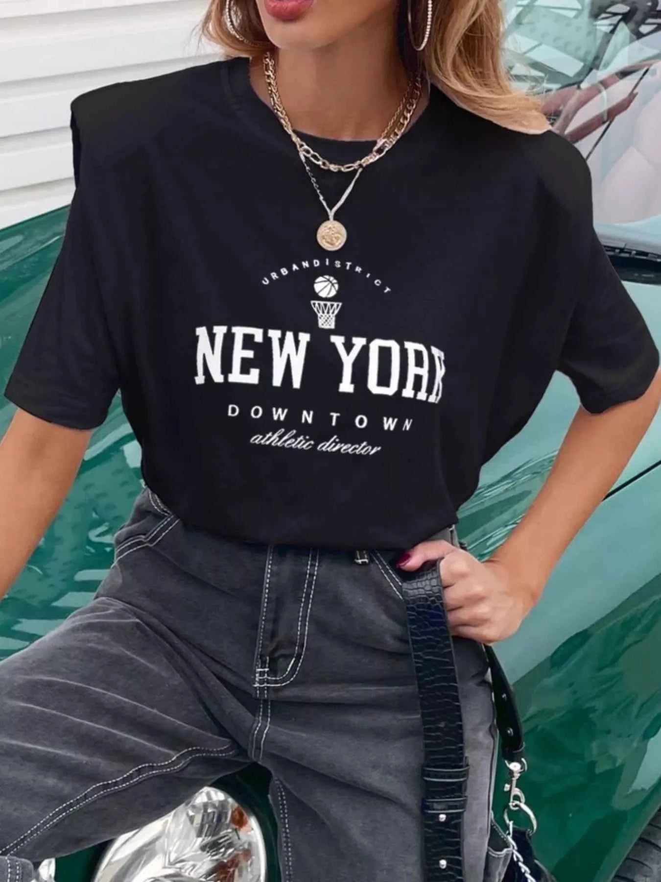 Letter Round Neck Half Sleeve T-Shirt Black 261f5b78-579e-41cf-8ee8-6199a019e8d8-Max-Origin