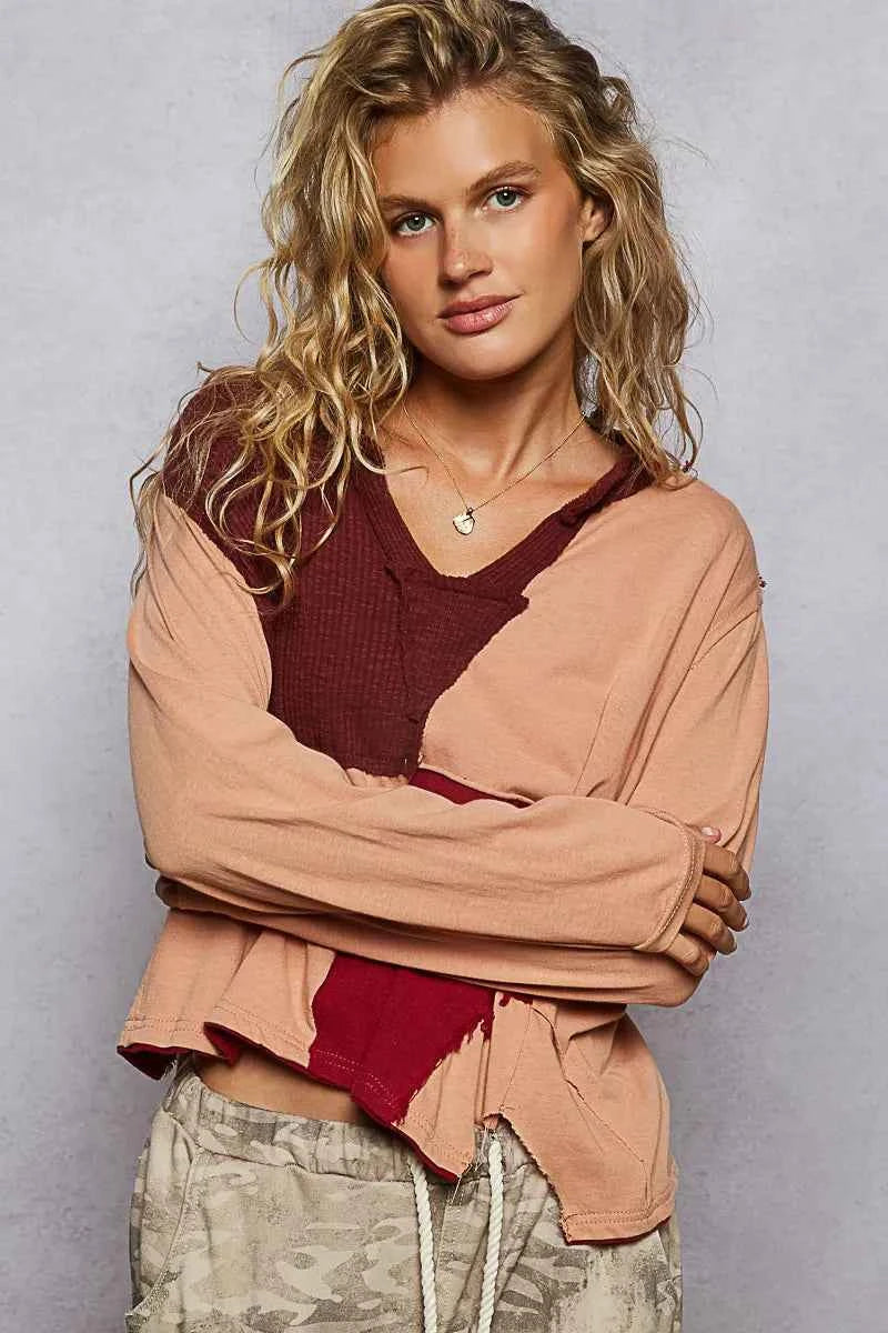 POL Color Block Notched Long Sleeve T-Shirt 2622ef55-9292-4e5d-9080-276a88b40d9c-Max-Origin