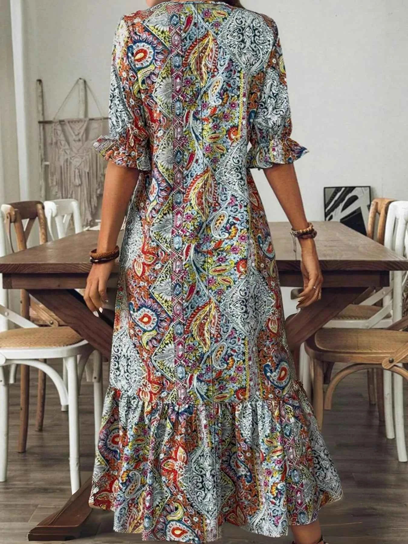 Full Size Bohemian Paisley Print V-Neck Midi Dress Plus Size