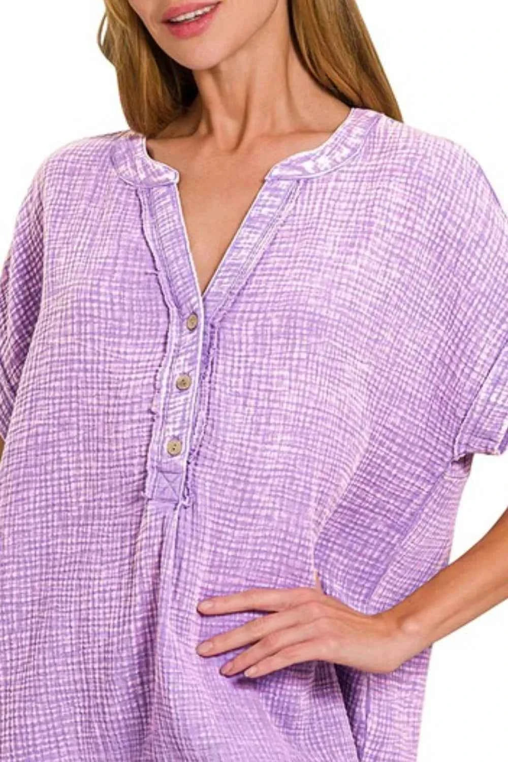 Zenana Washed Double Gauze 3/4 Button Henley Neck Shirt 2627a512-e07c-42b0-9d6d-f00f456009c9-Max-Origin