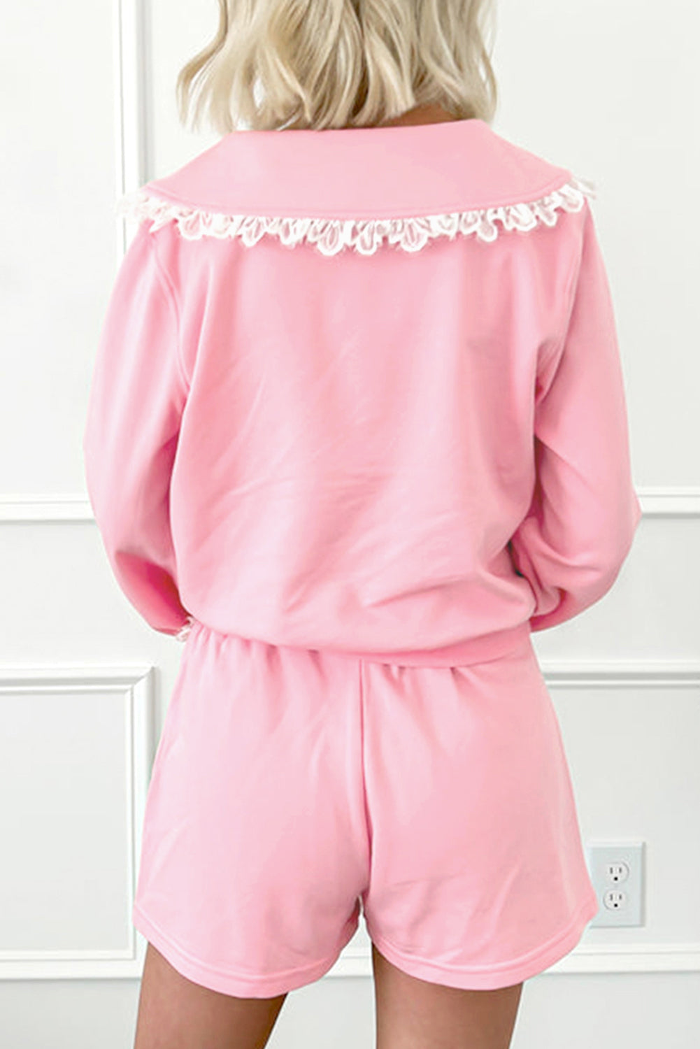 Pink Peter Pan Collar Pullover Lace Embellished Mini Skirt Set 2628a69604473455