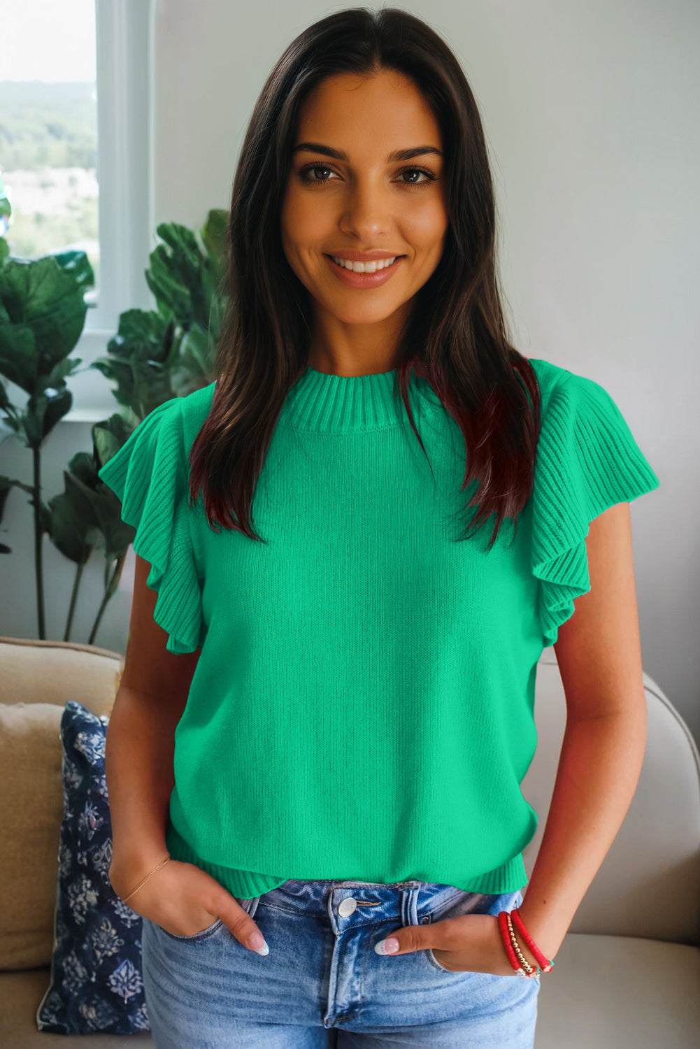 Beau Blue Solid Color Ribbed Trim Round Neck Ruffle Short Sleeve Sweater 262ab8b8b4f0379b