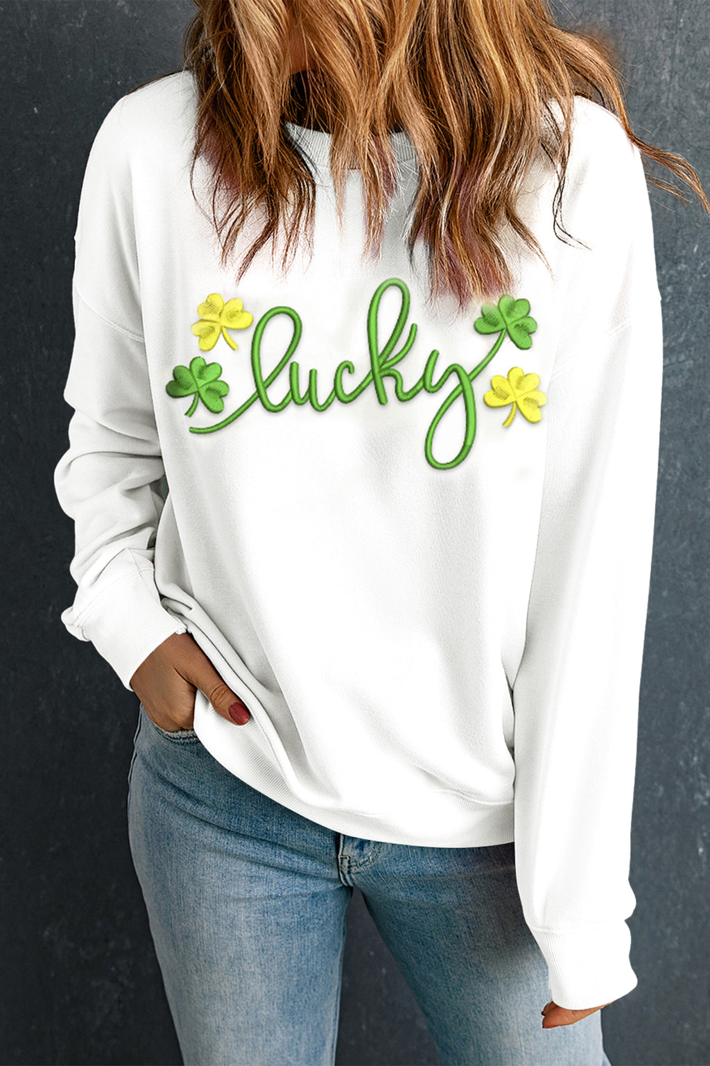 White lucky Clover 3D Puff Embroidered Pullover Sweatshirt 262c47e16bd6fa13