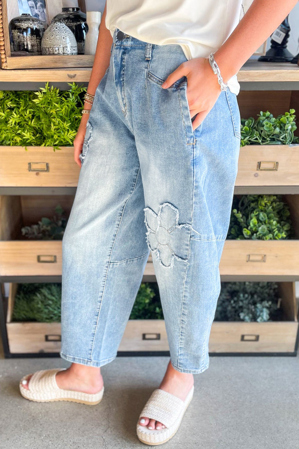 Beau Blue Light Wash Floral Pocketed High Waist Jeans 2630b4e683297cee